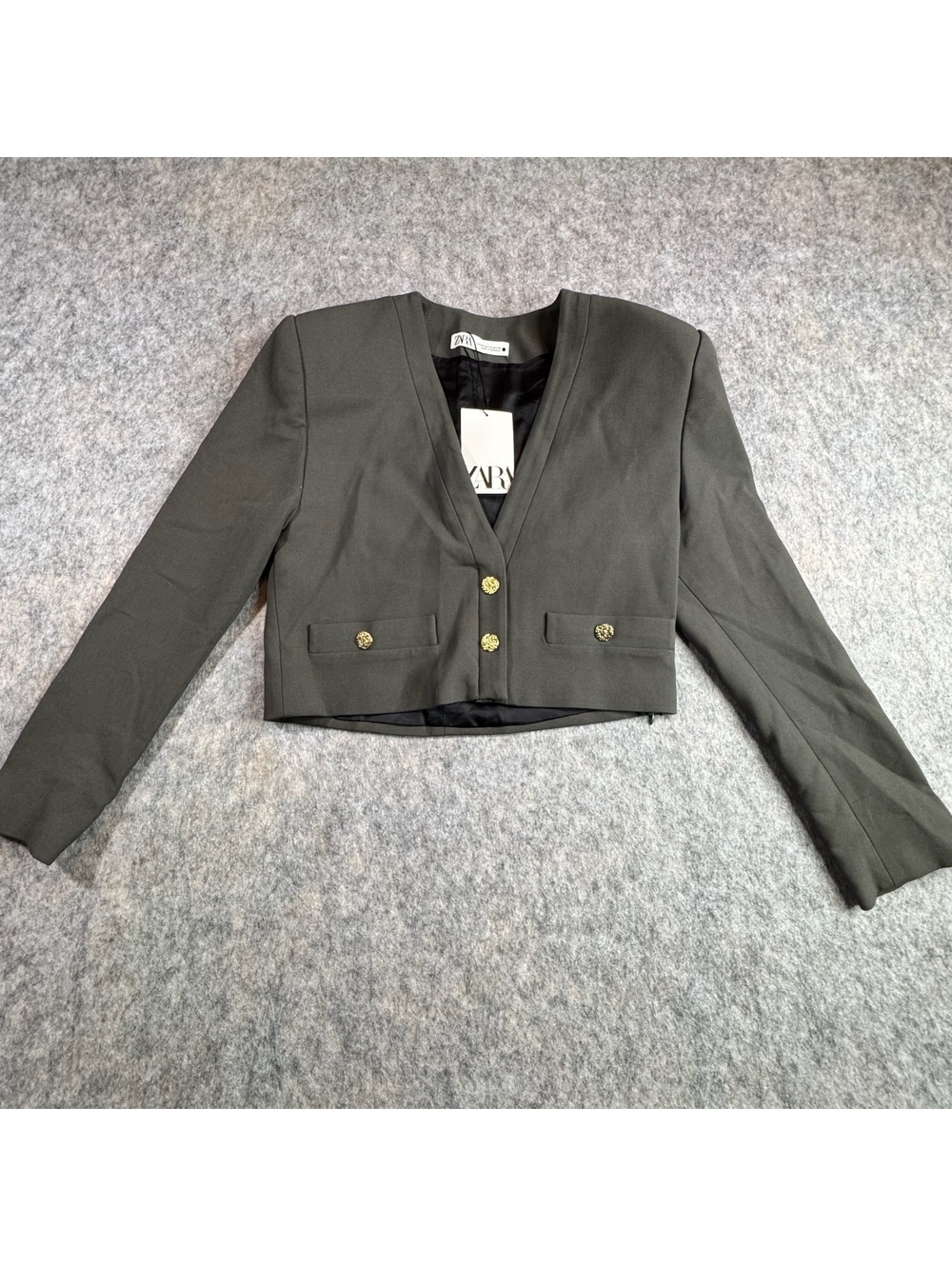 NWT Zara Olive/Grey Cropped Blazer Jacket Gold Buttons Size XS New